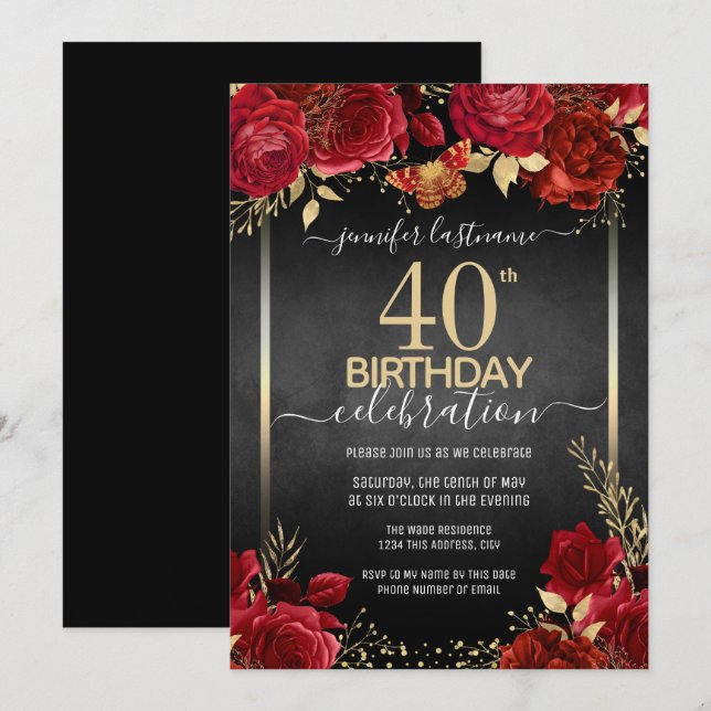 Elegantes Rosas 40.ª invitación por el cumpleaños (Anverso / Reverso)