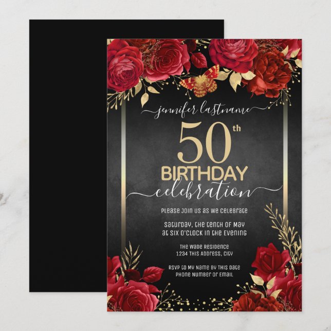 Elegantes Rosas 50.ª invitación por cumpleaños (Anverso / Reverso)