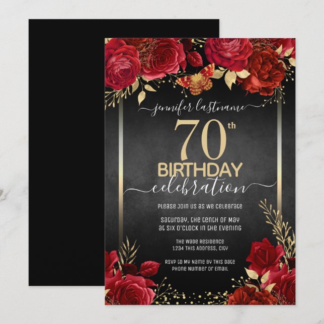 Elegantes Rosas 70.ª invitación por cumpleaños (Anverso / Reverso)