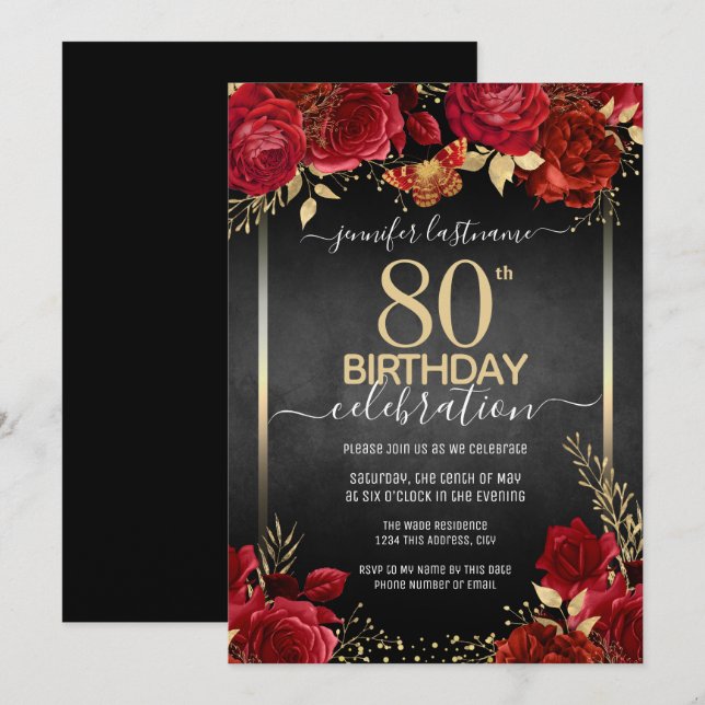 Elegantes Rosas 80.ª invitación por cumpleaños (Anverso / Reverso)