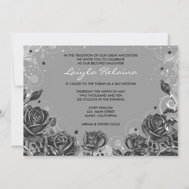 Elegantes Rosas Bat Mitzvah Invitación gris (Anverso)