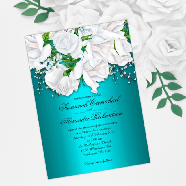 Elegantes rosas blancas en la invitación a la boda (Subido por el creador)