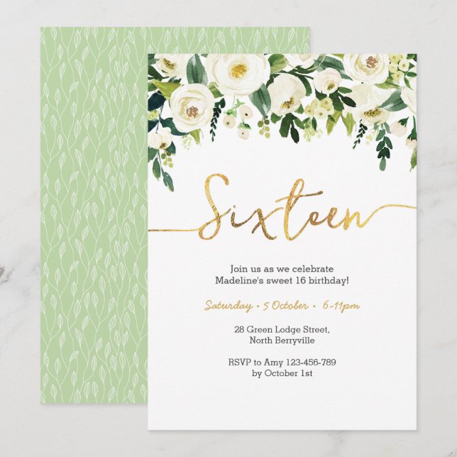 Elegantes rosas blancas invitaciones a los 16 años (Anverso / Reverso)