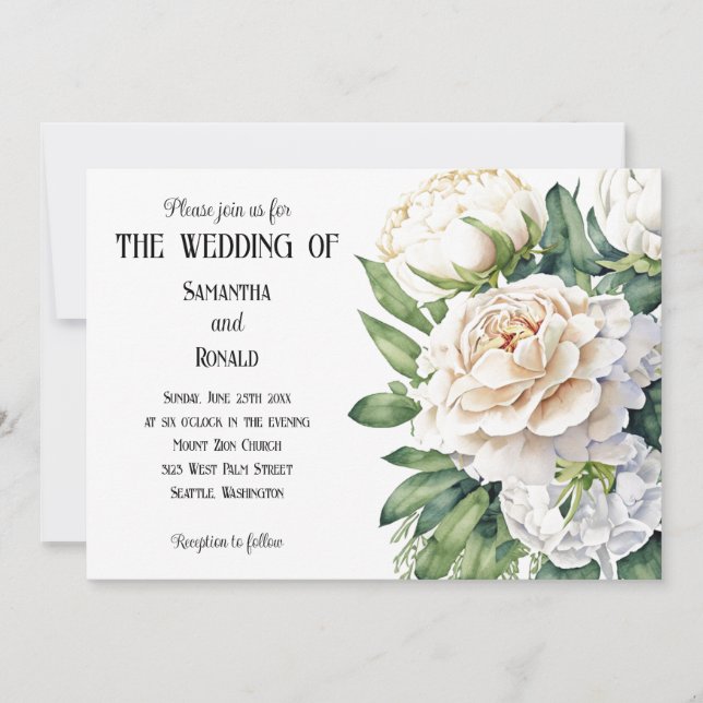 Elegantes rosas blancas y invitación a la boda de  (Anverso)
