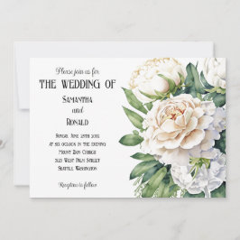 Elegantes rosas blancas y invitación a la boda de 