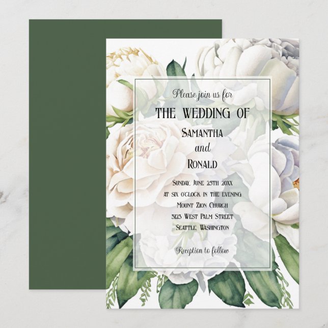 Elegantes rosas blancas y invitación a la boda de  (Anverso / Reverso)