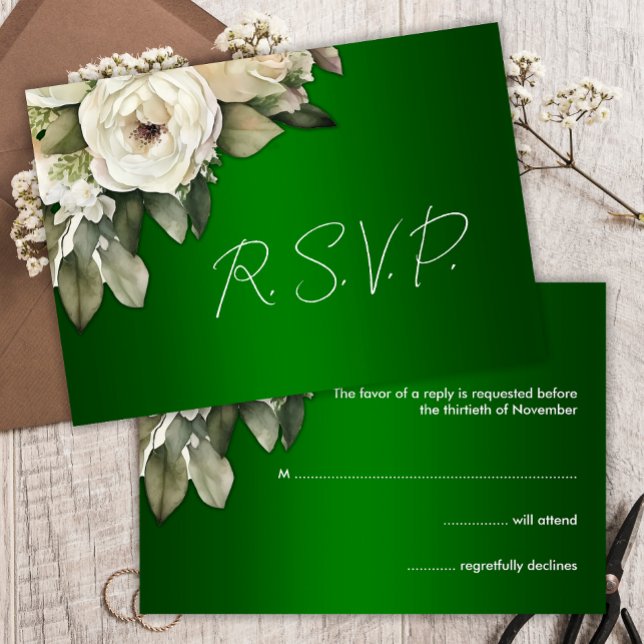 Elegantes rosas blancas y verde esmeralda RSVP (Subido por el creador)