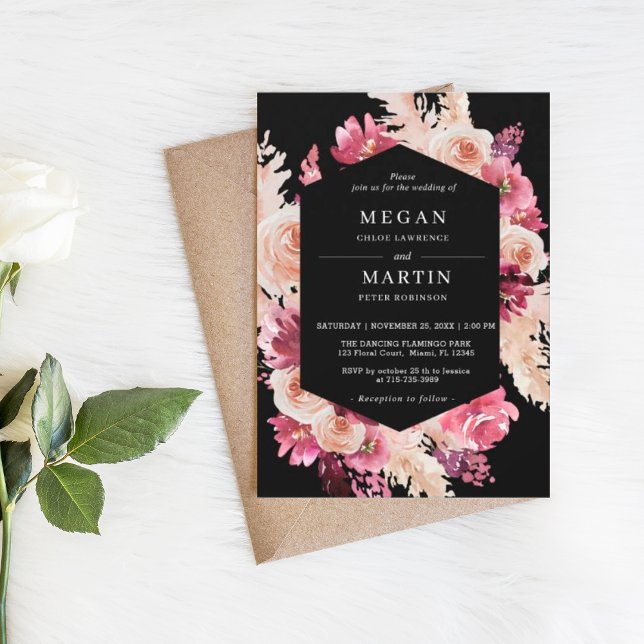 Elegantes Rosas Boho Boda Invitación negra (Subido por el creador)