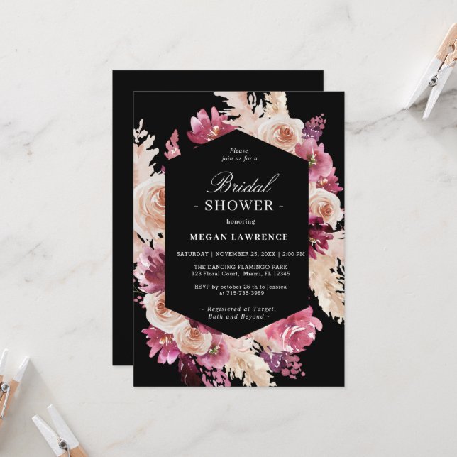 Elegantes Rosas Boho Bridal Shower Invitación negr (Anverso/Reverso In Situ)
