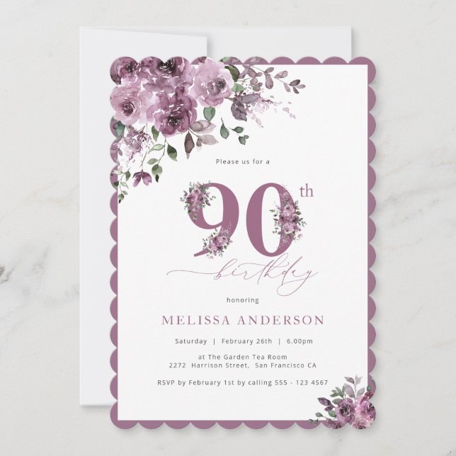 Elegantes Rosas de la Cuta Invitación a los 90 Año (Anverso)