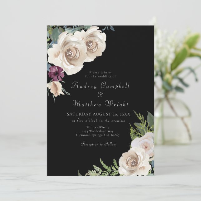Elegantes Rosas de marfil en invitación a la boda  (Anverso de pie)