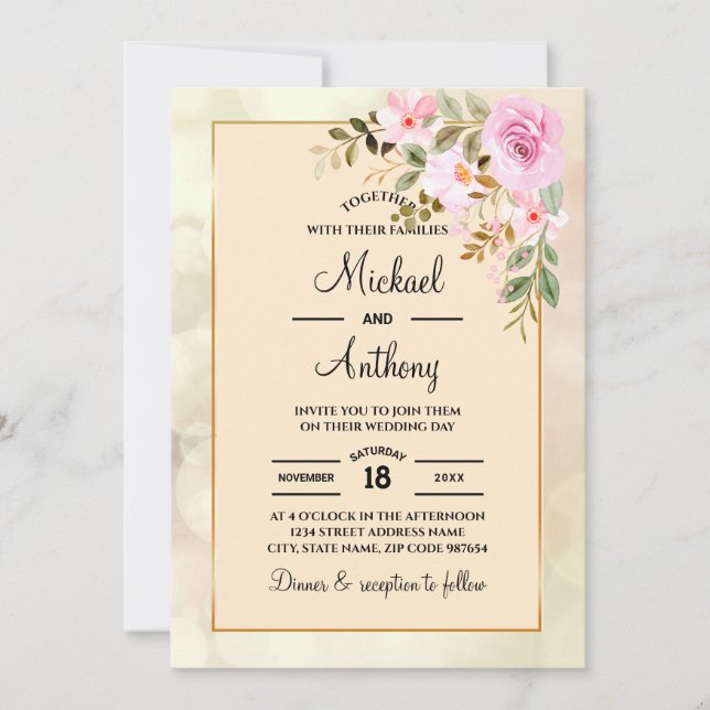 Elegantes Rosas florales invitaciones a la boda ga (Anverso)