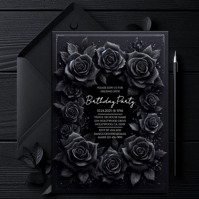 Elegantes Rosas góticos negros invitaciones de cum (all black affair dark gothic vampy vampire halloween iorthday party invitation, moody witchy invite.)