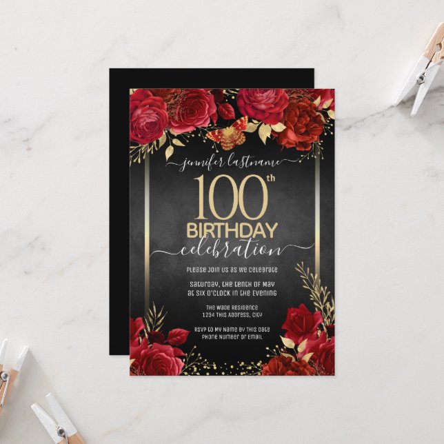 Elegantes Rosas Invitación a cumplir 100 años (Anverso/Reverso In Situ)