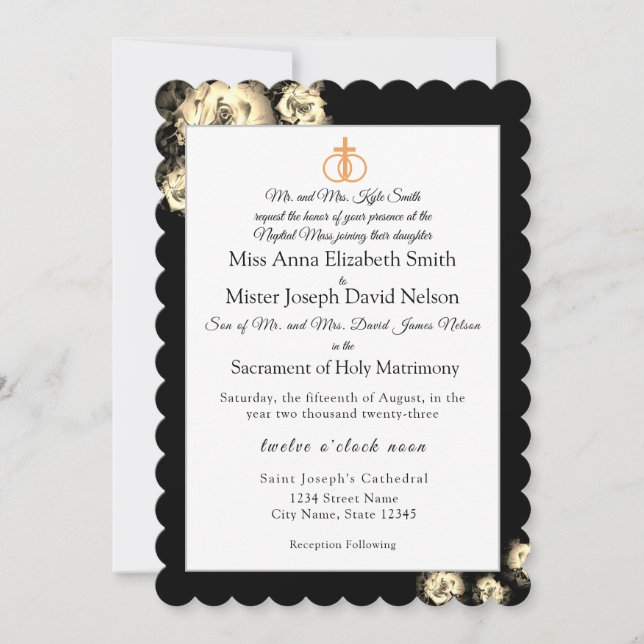 Elegantes Rosas Invitación a la boda católica (Anverso)