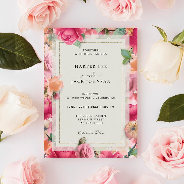 Elegantes Rosas Invitación a la Boda con Marco de  (Stylish Roses Garden Pink Gold Frame Invitation)