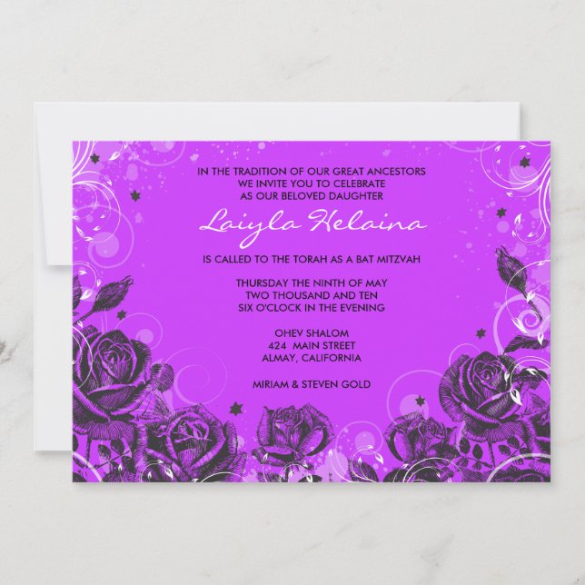 Elegantes Rosas invitan a la invitación Bat Mitzva (Anverso)
