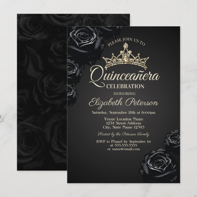 Elegantes Rosas negros Invitación gótica a la Quin (Anverso / Reverso)