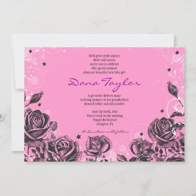 Elegantes Rosas púrpura bebe Invitación a apostar  (Anverso)