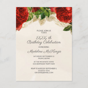 Elegantes rosas rojas en la invitación al cumpleañ