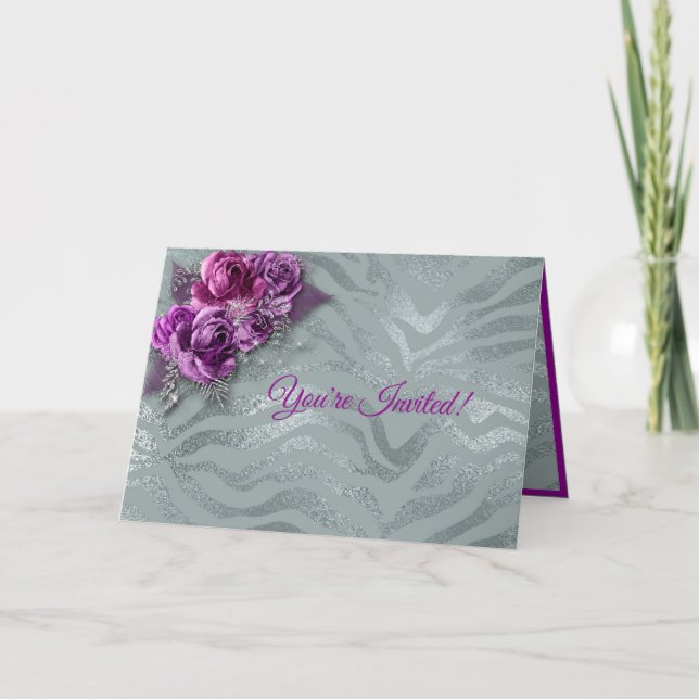 Elegantes Rosas románticos púrpura e invitación pl (Anverso)