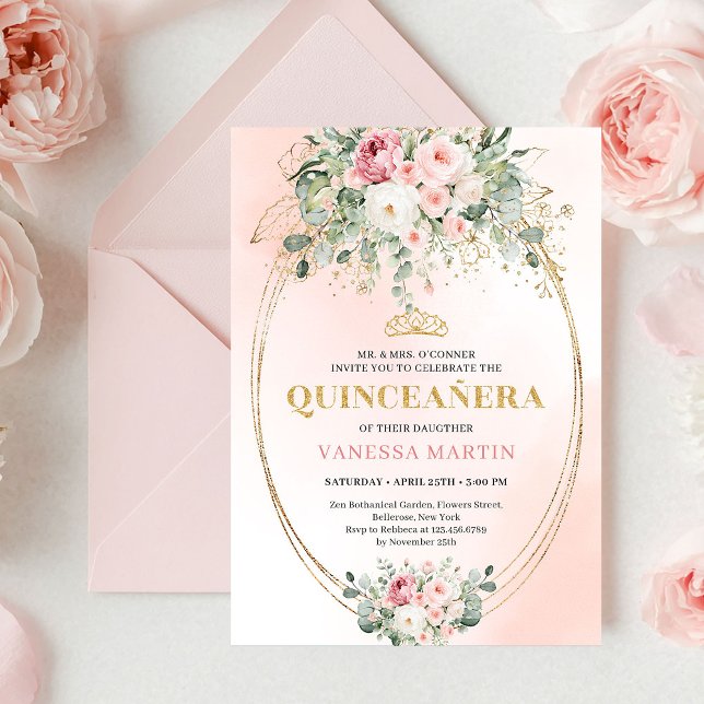 Elegantes Rosas Rosadas Boho Invitación de Quincea (Elegant Blush Roses Boho Quinceañera Gold Invitation)