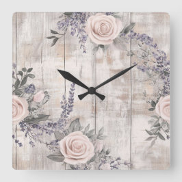 Elegantes rosas rosas y reloj de pared de lavanda