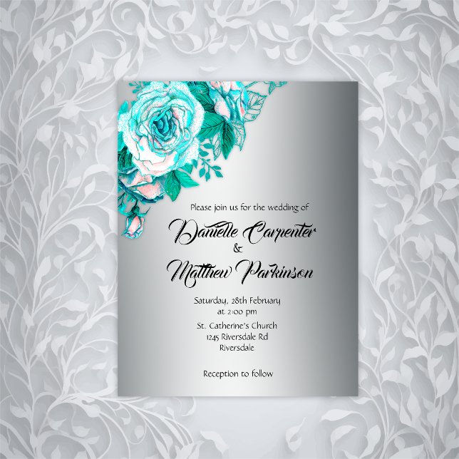 Elegantes Rosas turquesa, invitación a la boda pla (Subido por el creador)