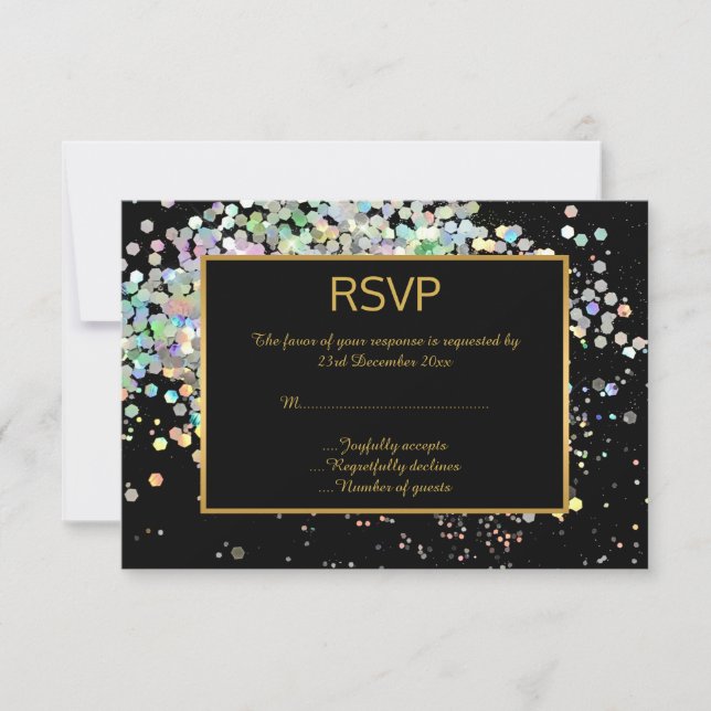 ELEGANTES RSVP HOLOGRÁFICO PASTEL ORO NEGRO PERSON (Anverso)