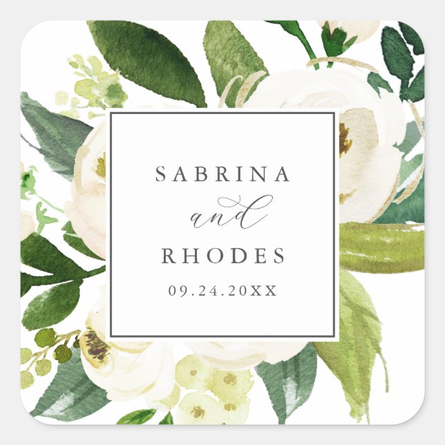 Elegantes Sellos para sobres Bodas florales blanco (Anverso)