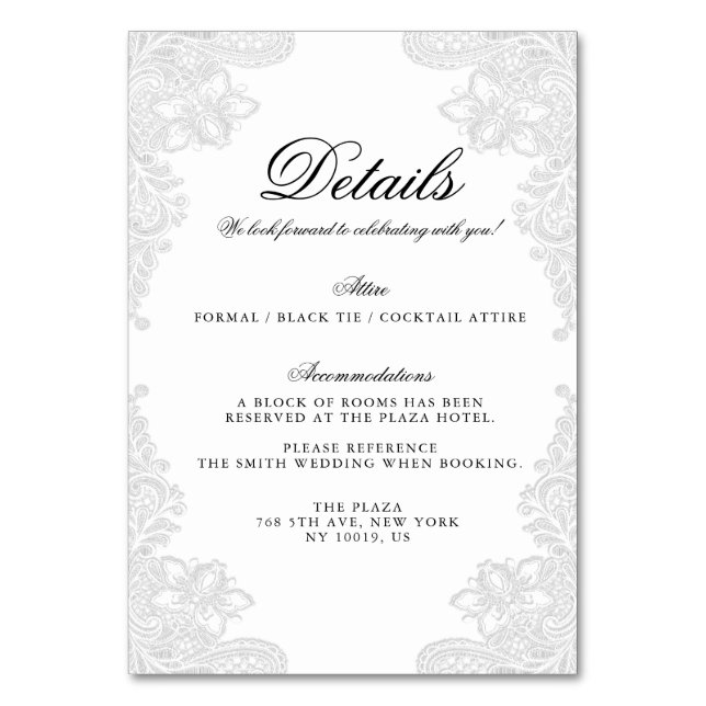 Elegantes tarjetas de Boda de encaje blanco (Anverso)