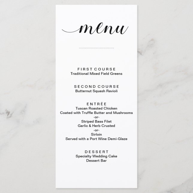 Elegantes tarjetas de menú Boda de guiones blancos (Anverso)