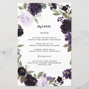 Elegantes tarjetas de menú Boda morado y verde dor
