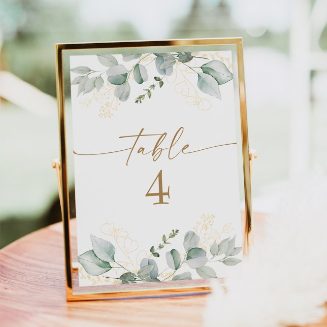 Elegantes tarjetas de números de mesa de Boda de o (Elegant watercolor greenery and gold wedding table number cards)