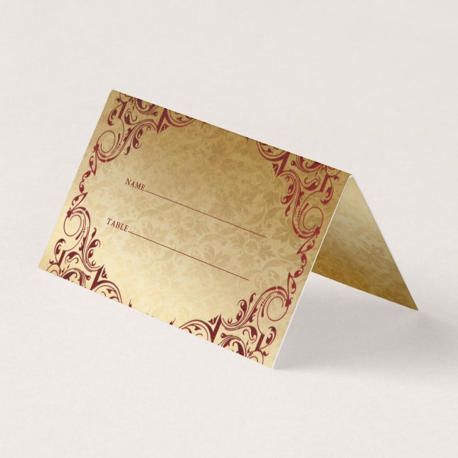 Elegantes tarjetas de plaza de mesa de oro rojas d (Anverso)