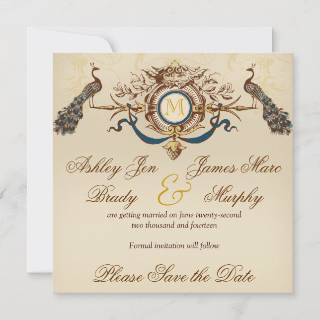 Elegantes Tarjetas de Save the Date de Pavo Real (Anverso)