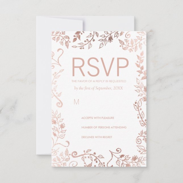 Elegantes tarjetas RSVP con flores de oro de rosa  (Anverso)
