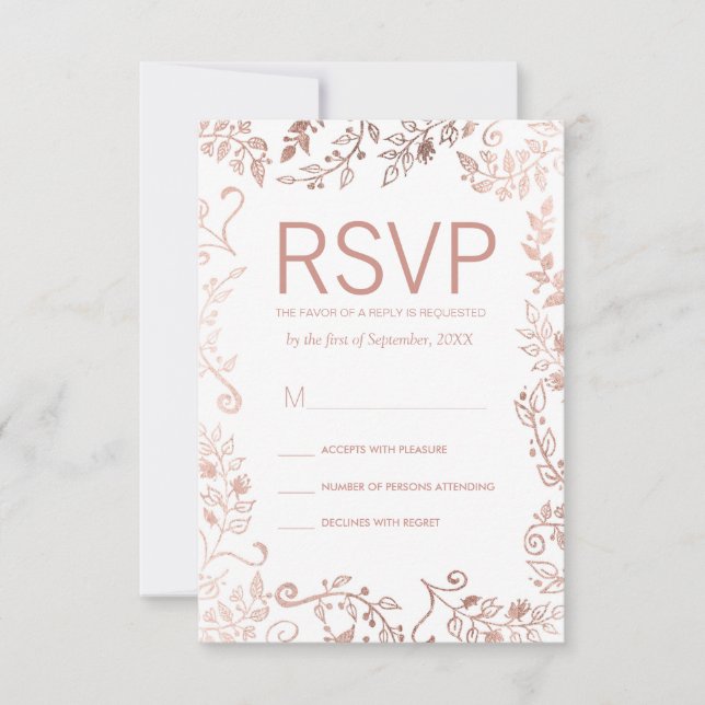 Elegantes tarjetas RSVP con flores de oro de rosa  (Anverso)
