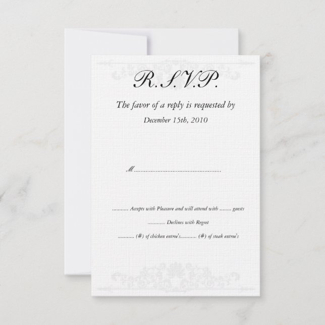 Elegantes tarjetas RSVP de boda blanca/plateada (Anverso)