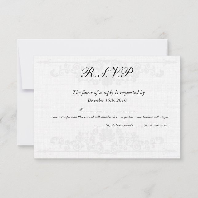 Elegantes tarjetas RSVP de boda blanca/plateada (Anverso)