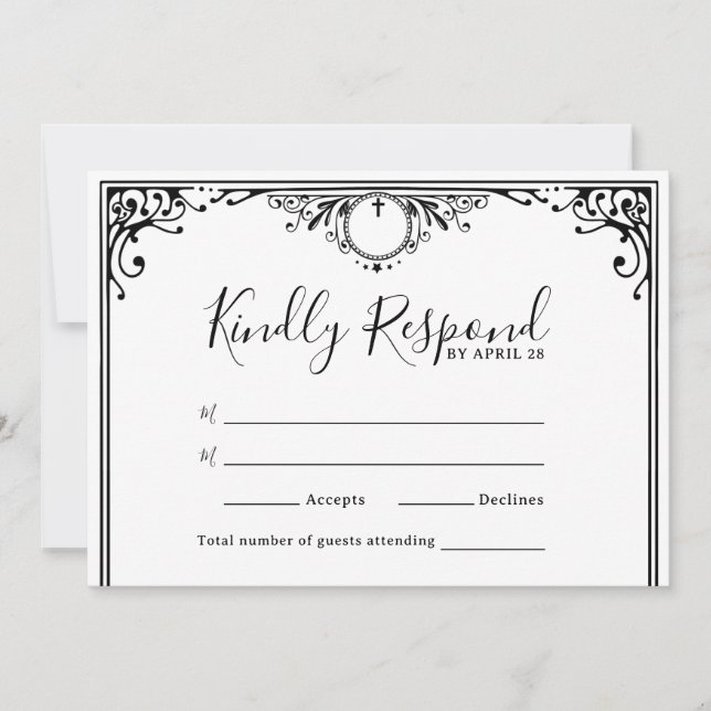 Elegantes tarjetas RSVP de Boda Blanca y Negra (Anverso)