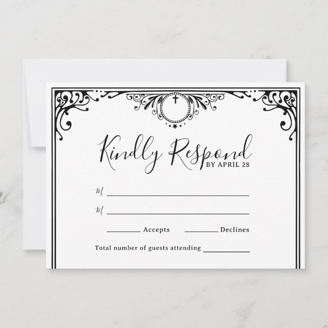 Elegantes tarjetas RSVP de Boda Blanca y Negra (Anverso)