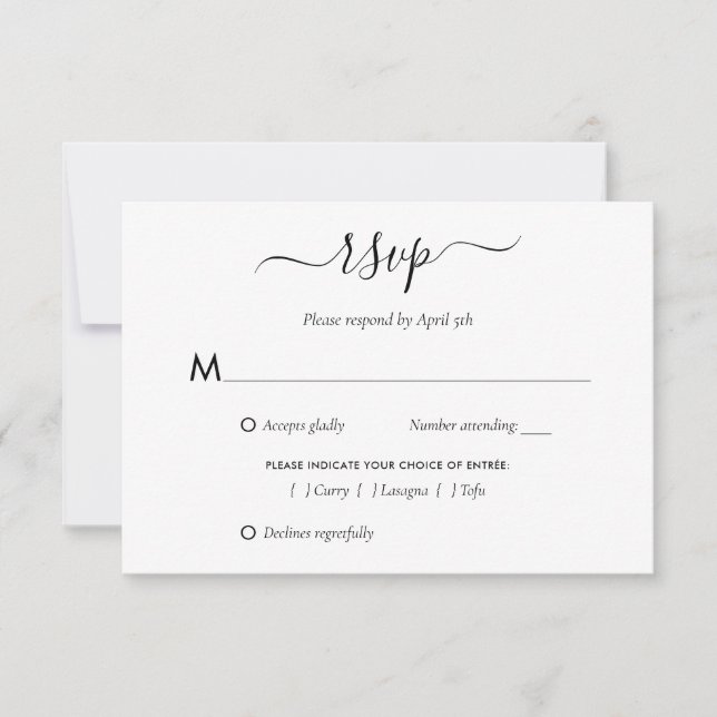 Elegantes tarjetas RSVP de Boda Blanca y Negra (Anverso)
