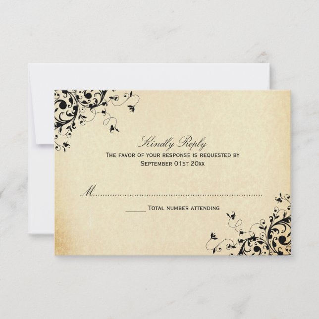Elegantes tarjetas RSVP de Boda de Swirls Antiguas (Anverso)
