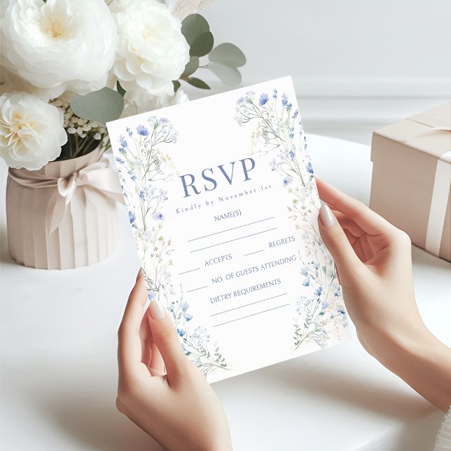 Elegantes tarjetas RSVP de boda floral floral azul (Subido por el creador)