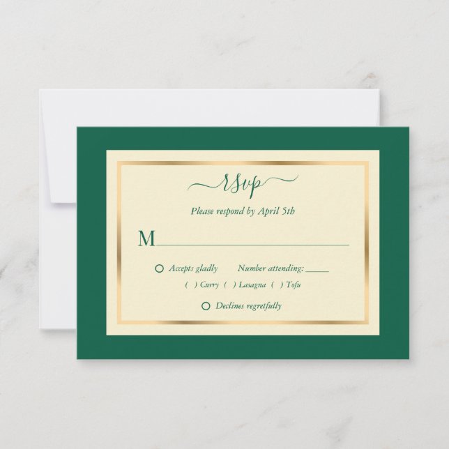 Elegantes tarjetas RSVP de Emeralda Verde y Boda d (Anverso)