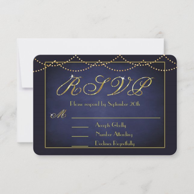 Elegantes tarjetas RSVP de Purpurina Deep Blue y G (Anverso)