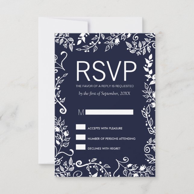 Elegantes tarjetas RSVP florales azules y blancas  (Anverso)