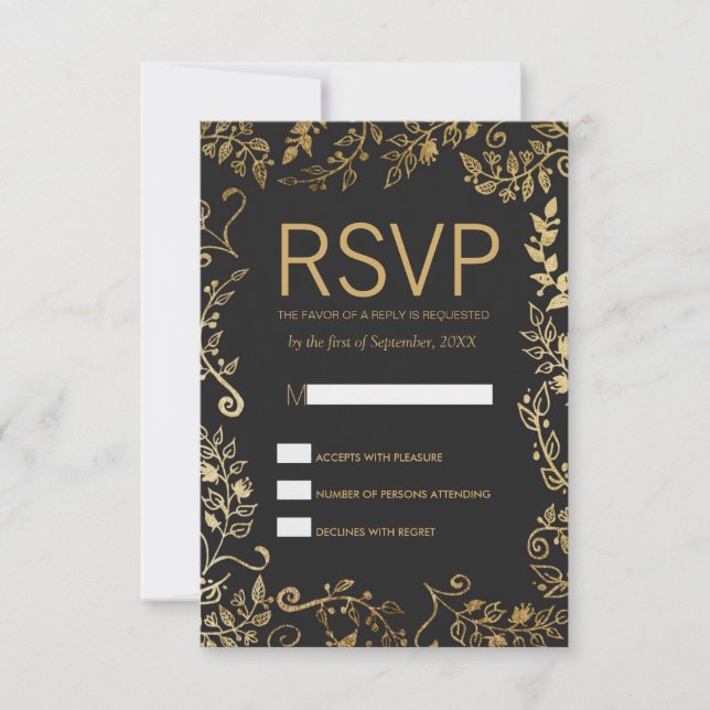 Elegantes tarjetas RSVP florales de color negro y  (Anverso)
