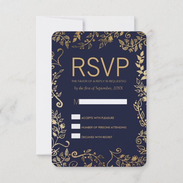 Elegantes tarjetas RSVP florales de oro azul de la (Anverso)